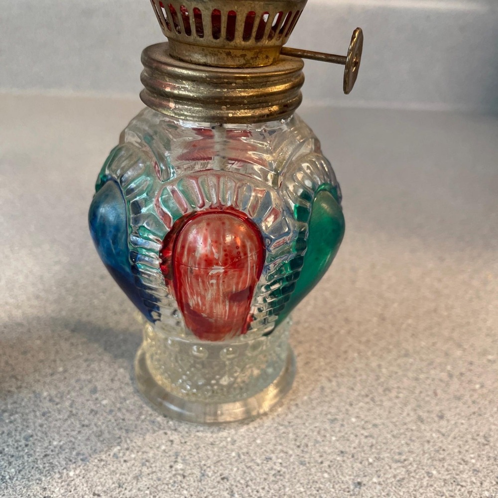 Pair of Vintage Mini Glass Oil Lamps Red Cranberry Chimney Hand Painted Pair - Picture 3 of 13